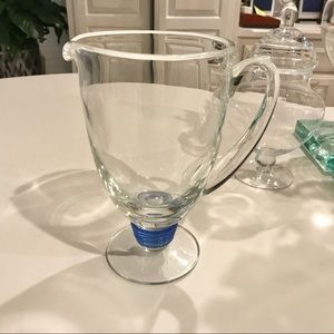Block glass pitcher with pedestal & cobalt  accent